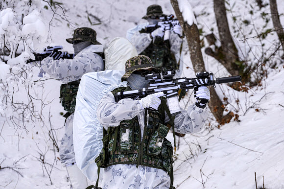 지난 14일 해병대 특수수색여단 장병들이 강원 평창군 황병산 일대에서 열린 2026년 동계 설한지 훈련에서 설상 기동 및 은밀 침투 훈련 간 주위를 경계하며 이동하고 있다. 2026.1.16  해병대사령부 제공
