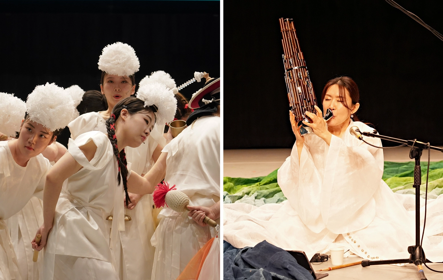 18회 공연예술창작산실 올해의신작 2차 라인업에 오른 ‘여성농악–안녕, 평안굿’(왼쪽)과 생황 연주자 김효영의 음악극 ‘숨×굿’(오른쪽).
한국문화예술위원회 제공