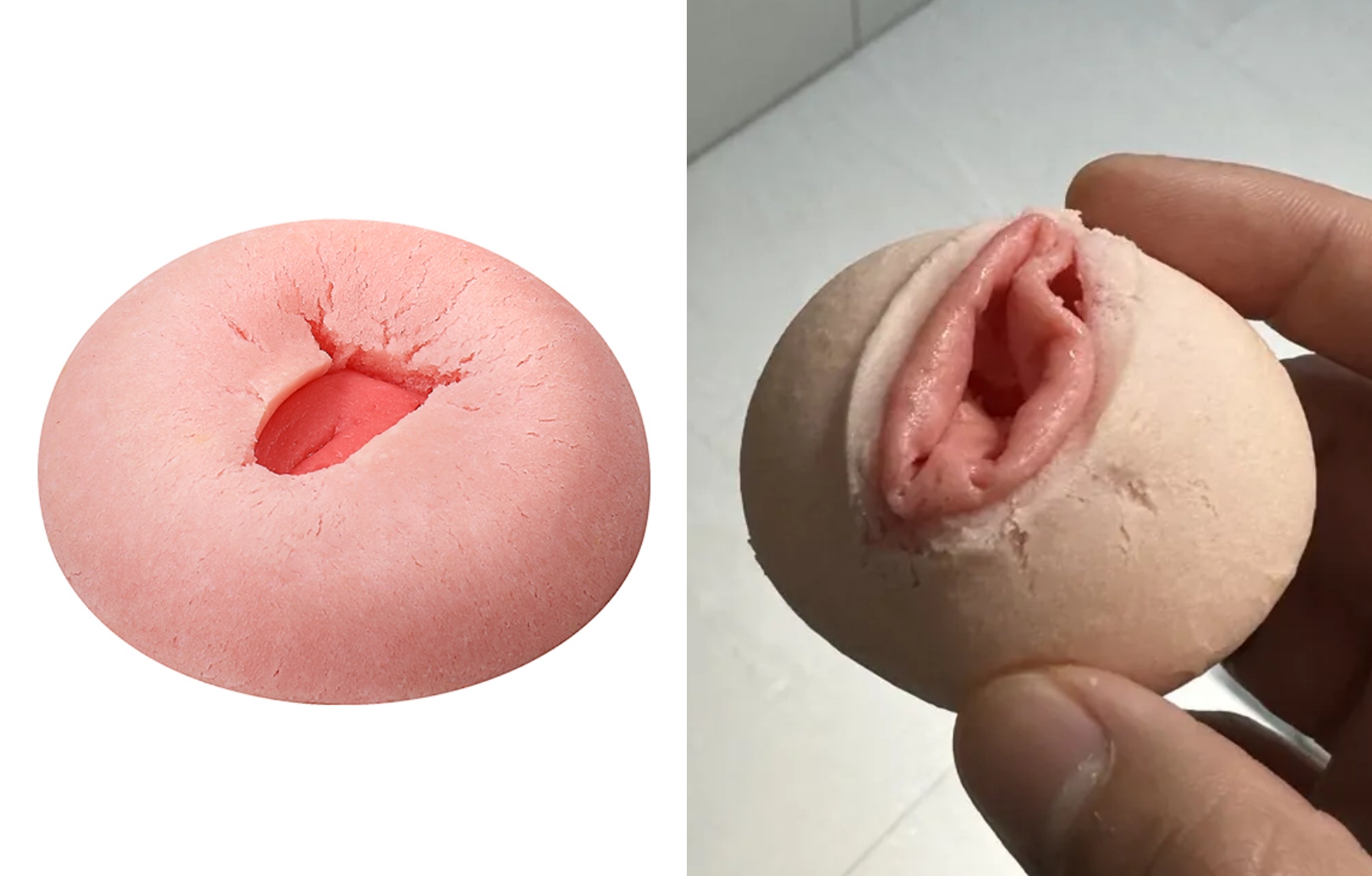 파리바게뜨가 최근 출시한 신제품 ‘베리 쫀득볼’ 중 일부 매장에서 만들어진 제품이 여성 신체부위를 연상케 한다는 반응이 온라인상에서 나오고 있다. 파리바게뜨 ‘베리 쫀득볼’ 공식 이미지(왼쪽)와 일부 매장에서 생산된 논란이 된 제품 사진(오른쪽). 상미당홀딩스 제공·‘에펨코리아’ 캡처