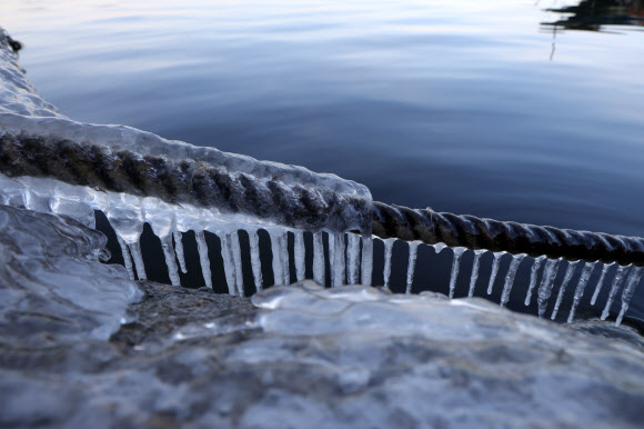 한파특보가 발효 중인 20일 오전 경기도 고양시 한강 하구에 얼음이 얼어 있다. 2026.1.20 연합뉴스