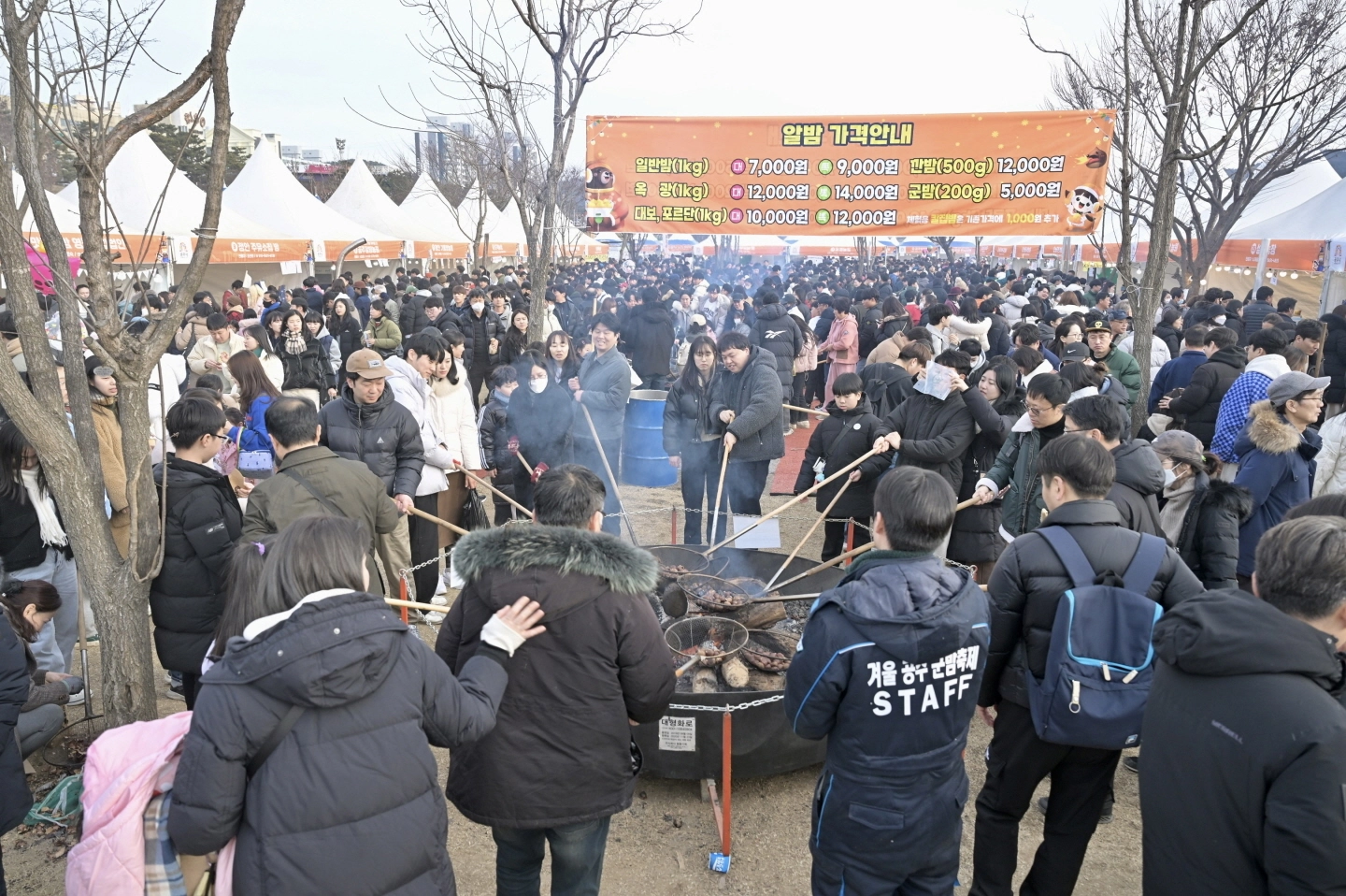 공주 알밤축제 참가자들이 대형 화로에서 알밤을 굽기 체험을 하고 있다. 시 제공