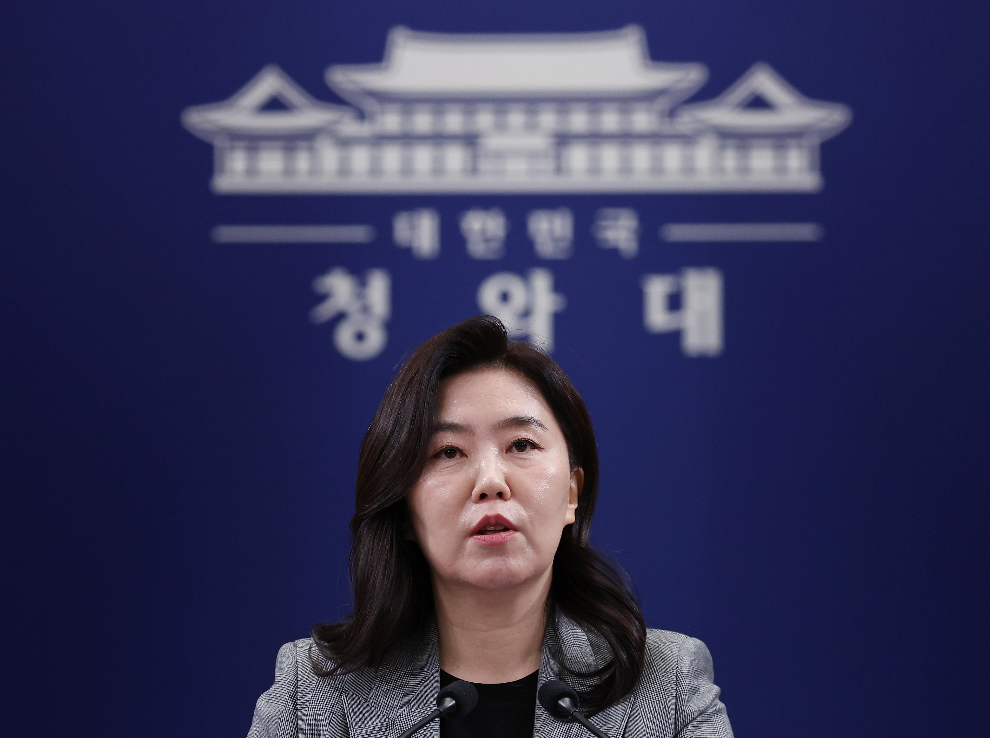 강유정 청와대 대변인이 22일 청와대 춘추관에서 캄보디아 스캠(사기) 조직 피의자 송환 관련 브리핑을 하고 있다. 2026.1.22 연합뉴스