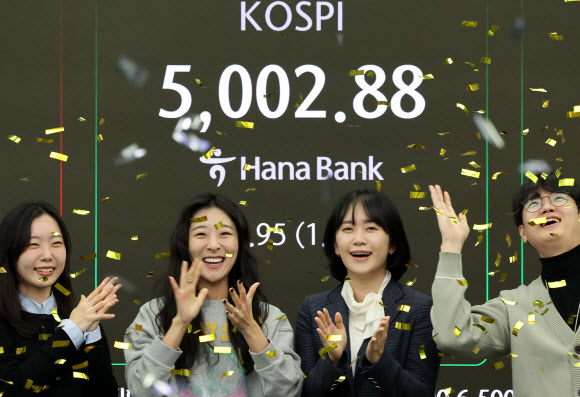 22일 오전 서울 중구 하나은행 딜링룸에서 딜러들이 코스피가 장중 5,000을 넘어서자 기뻐하고 있다. 2026.1.22 연합뉴스