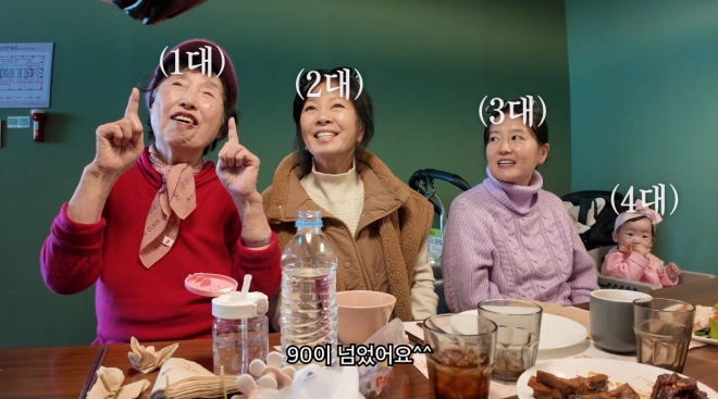 코미디언 이용식의 딸 이수민(오른쪽 두 번째) 가족 4대가 한자리에 모여 있는 모습. 유튜브 채널 ‘아뽀TV’ 캡처