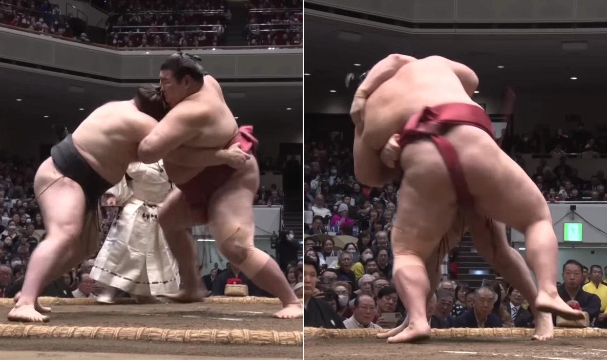 우크라이나 출신 스모 선수 아오니시키 아라타(검정)가 지난 25일 도쿄 료고쿠 국기관에서 열린 일본 프로스모(오즈모) 1월 도쿄 대회(하츠바쇼) 마지막날 경기 아타미후지(빨강)과의 플레이오프에서 초반 주도권을 뺏긴 상태로 경기를 시작(왼쪽)했으나 왼팔로 목 조르기 기술(오른쪽)을 사용해 상대를 바닥에 내동댕이치며 승리했다. 일본스모협회 공식 유튜브 캡처