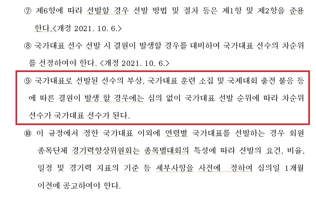 국가대표 선발 및 운영 규정 중 ‘결원 발생 시 추가 선발’ 관련 규정. 협회는 이 규정도 지키지 않았다.
대한체육회·대한스키-스노보드협회 홈페이지