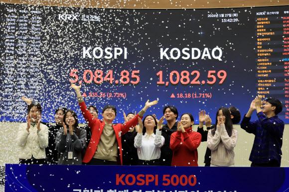 코스피가 종가 기준 5000포인트, 코스닥이 1000포인트를 돌파한 27일 서울 여의도 KRX 한국거래소에서 직원들이 축하 세리머니를 하고 있다. 2026.1.27  연합뉴스