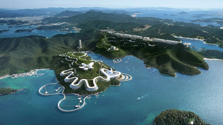 통영 복합해양관광도시 조감도. 통영 도산만과 도남관광지 일대에서 진행되는 이 사업은 2029년까지 1조 1400억원이 투입되는 민관 협력 프로젝트로 해양레저와 체험·숙박 시설 구축 등을 목표로 한다. 
경남도 제공