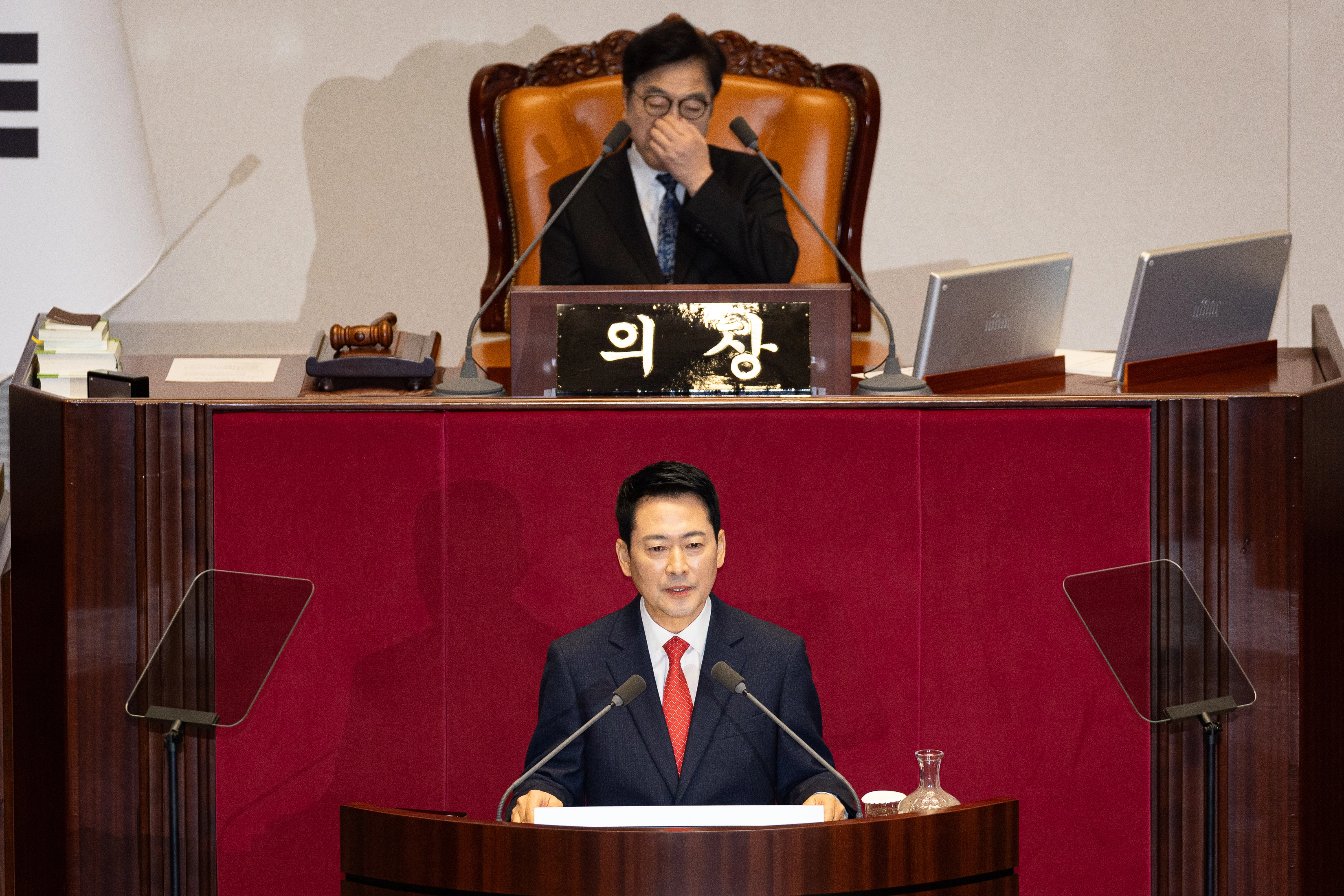 장동혁 국민의힘 대표가 4일 국회에서 열린 제432회 국회(임시회) 제3차 본회의에서 국정에 관한 교섭단체 대표연설을 하고 있다. 2026.2.4 뉴스1