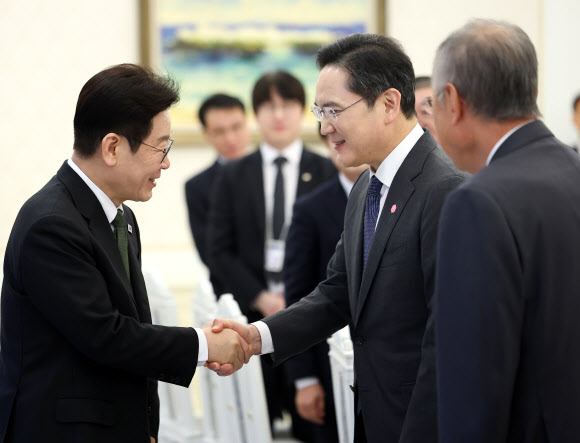 이재명 대통령이 4일 청와대에서 열린 ‘청년 일자리와 지방투자 확대를 위한 기업간담회’에 입장하며 이재용 삼성전자 회장과 인사하고 있다. 2026.2.4. 연합뉴스