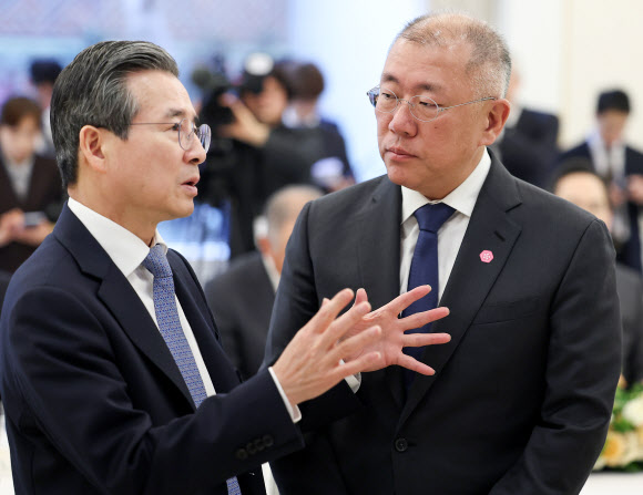 김용범 정책실장(왼쪽)과 정의선 현대차그룹 회장이 4일 청와대에서 열린 ‘청년 일자리와 지방투자 확대를 위한 기업간담회’에서 대화하고 있다. 2026.2.4 연합뉴스