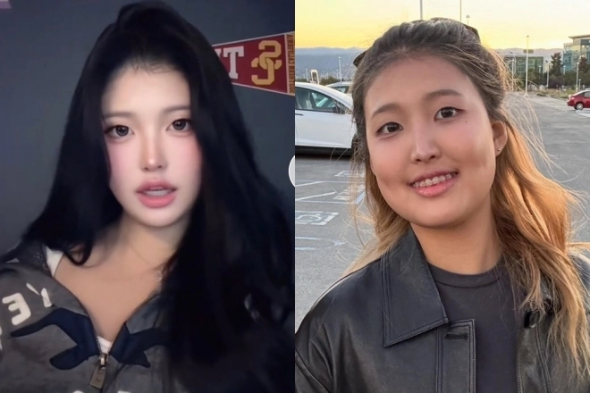 홍진경이 인스타그램에 공개한 딸 라엘양의 보정 전후 사진.