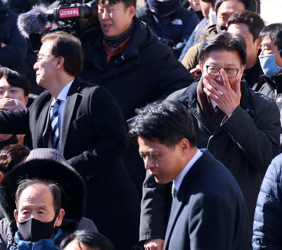 부산 만덕센텀대심도 개통식에서 만난 박형준·전재수