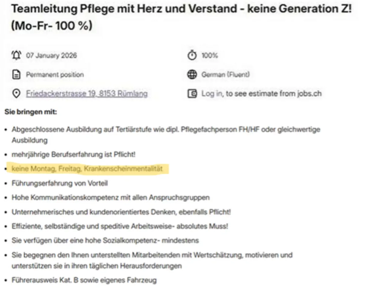 스위스의 한 노인돌봄서비스 업체가 채용 공고를 내면서 “Z세대(1995~2010년생)의 지원은 받지 않는다”는 조건을 내걸어 논란이 일었다. 노란색 부분은 ‘Z세대 사절’, ‘월요일, 금요일에 병가를 내는 근무 문화는 사양한다’는 내용.  SRF 캡처