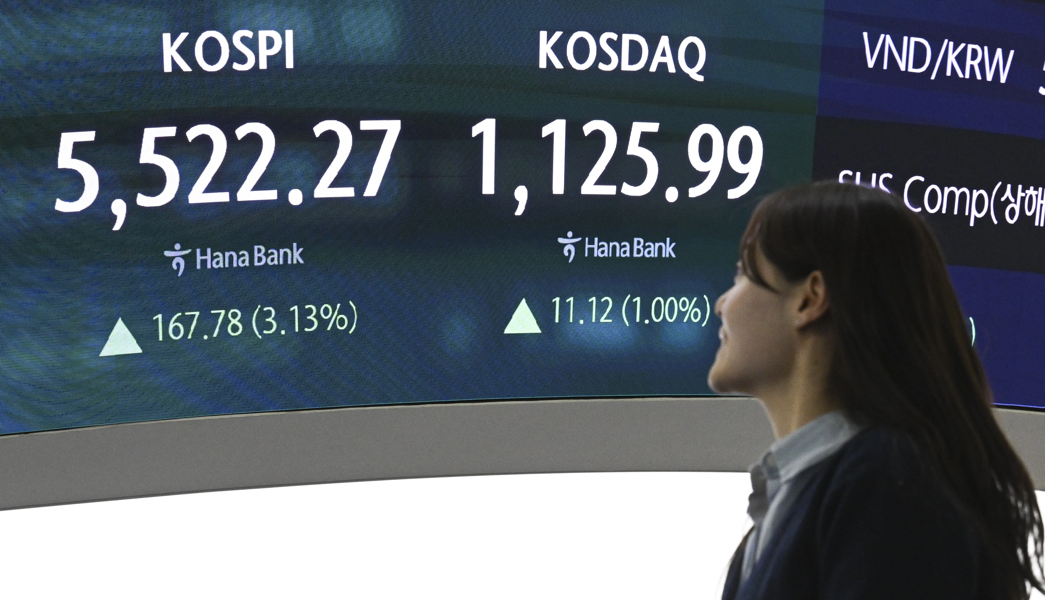 코스피가 사상 처음으로 5500을 돌파 마감했다. 주가 지수가 12일 서울 중구 하나은행 딜링룸 전광판에  표시되고 있다. 이날 코스피는 전 거래일 대비 167.78p(3.13%) 상승한 5522.27에 장을 마쳤다. 2026.2.12 이지훈 기자