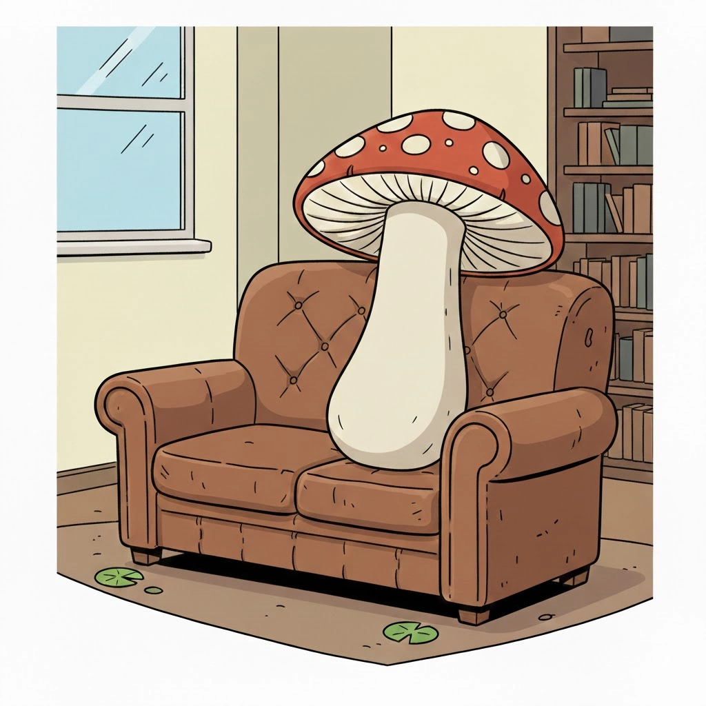 가죽소파에 앉은 친구가 버섯으로 변한 모습. 
제미나이 생성 이미지