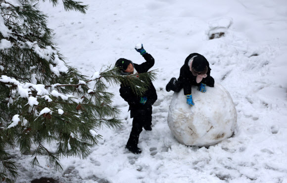 강원 동해안에 이번 겨울 들어 눈다운 눈이 처음으로 내린 16일 강릉시 교동 솔올택지의 한 공원에서 아이들이 아빠와 함께 눈싸움하며 즐거운 설 연휴를 보내고 있다. 이날 강원 동해안과 산간에는 대설특보가 발효된 가운데 최고 10㎝ 넘는 눈이 내리고 있다. 2026.2.16  연합뉴스