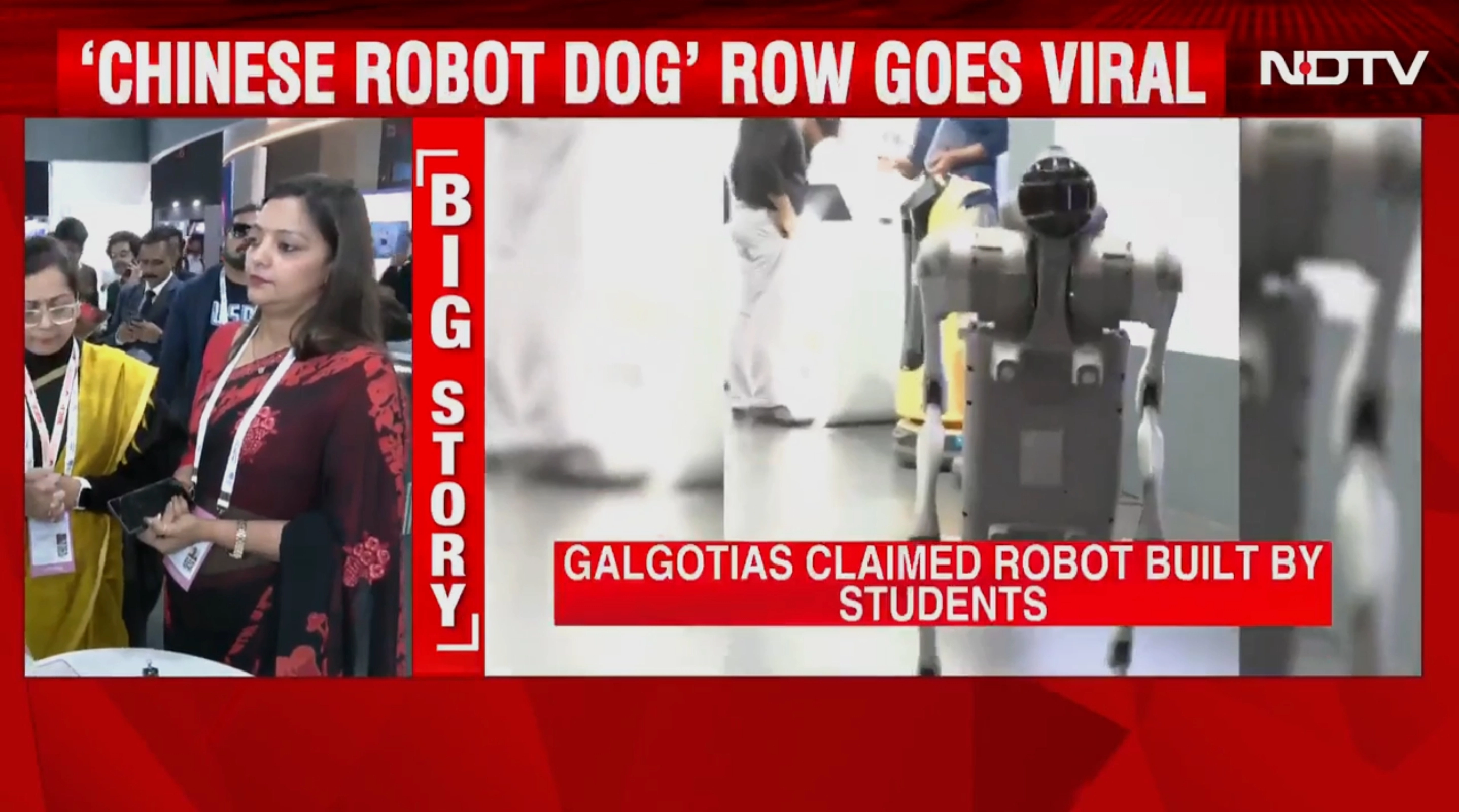 인도 갈고티아스 대학교 커뮤니케이션학과 네하 싱 교수가 16일(현지시간) 뉴델리에서 개막한 ‘인도 AI 임팩트 서밋 2026 엑스포’에서 PT1통신과 만나 자체 개발한 축구 드론을 소개하고 있다. 하지만 학교 측이 자체 개발품이라고 소개한 축구 드론은 한국 기업 ‘헬셀’이 2015년 최초로 개발한 축구 드론 ‘스트라이커 V3 ARF’로 드러났다. 앞서 갈고티아스 대학교 측은 같은 행사에서 자체 개발 사족보행 로봇개를 대대적으로 홍보했다가 해당 제품이 중국 유니트리 로보틱스가 제작해 판매 중인 ‘유니트리 고2’로 드러나 국제적 망신을 샀다. 2026.2.18 NDTV 화면