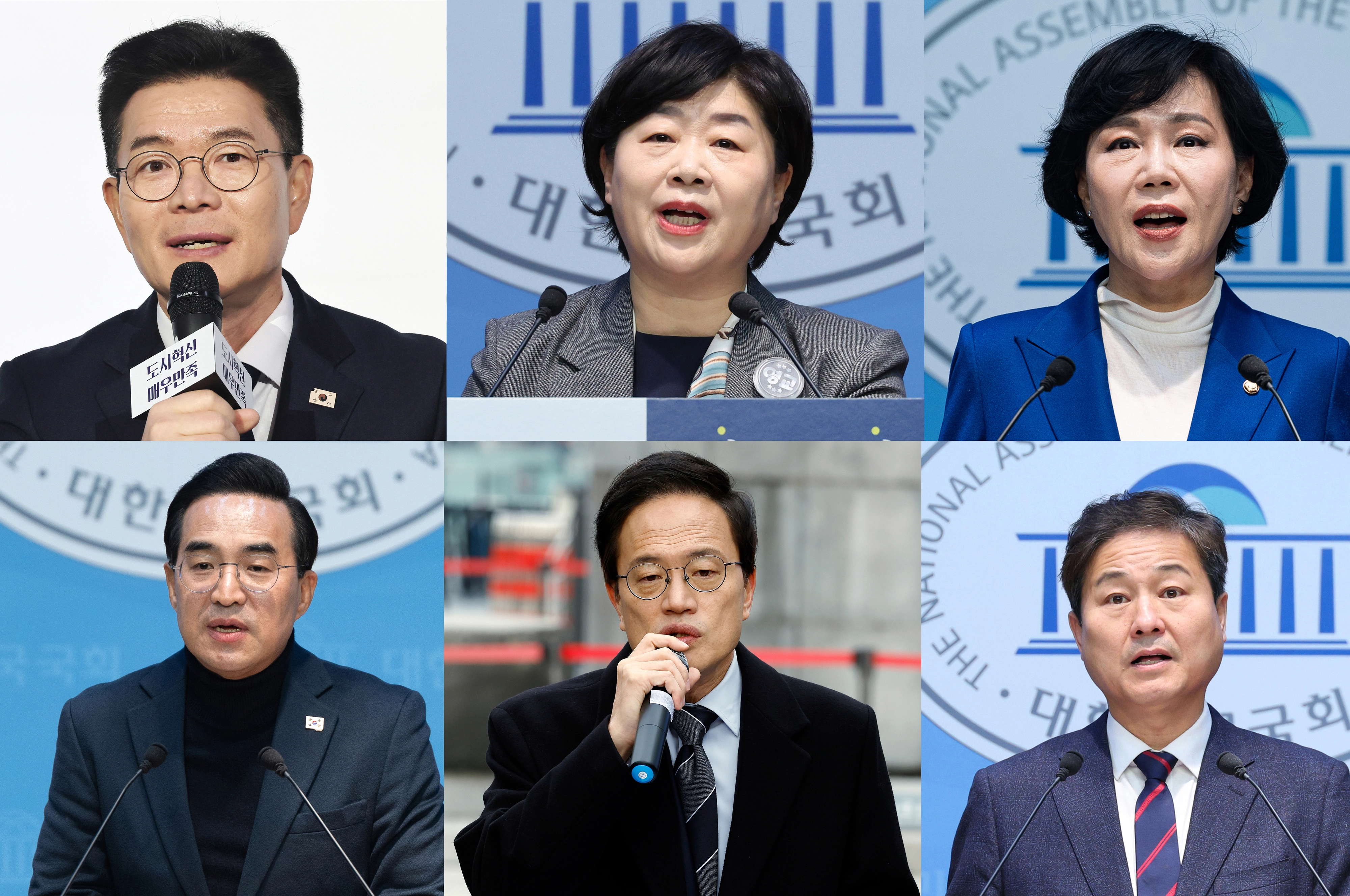 민주당 서울시장 후보 ‘6파전’  더불어민주당 서울시장 후보 경선 대진표가 사실상 완성됐다. 왼쪽 위부터 시계방향으로 정원오 성동구청장, 서영교·전현희·김영배·박주민·박홍근 더불어민주당 의원.