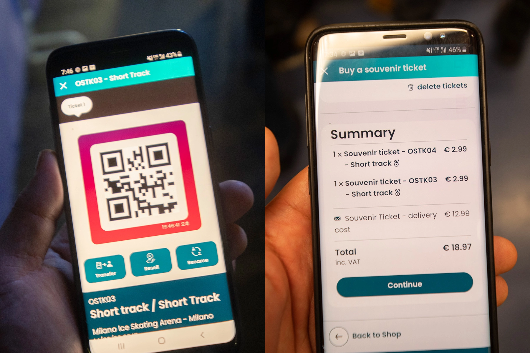 밀라노 올림픽 디지털 티켓(왼쪽)과 종이 티켓 가격. 밀라노 류재민 기자