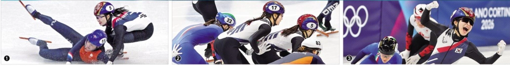 버텼다… 밀었다… 해냈다  대한민국 쇼트트랙 여자 대표팀이 2026 밀라노·코르티나담페초 동계올림픽 금메달을 만든 결정적인 순간들. ①최민정이 레이스 도중 미헬러 펠제부르(네덜란드)와의 충돌을 가까스로 피하고 있다. ②심석희(왼쪽 두 번째)가 최민정을 밀어주면서 가속을 붙이는 과정은 한국 쇼트트랙팀의 비장의 무기로 통한다. ③김길리는 마지막 구간에서 역전한 뒤 이탈리아의 거센 추격을 뿌리치고 결승선을 통과하며 8년 만의 올림픽 금메달을 완성했다.
밀라노 신화 연합뉴스