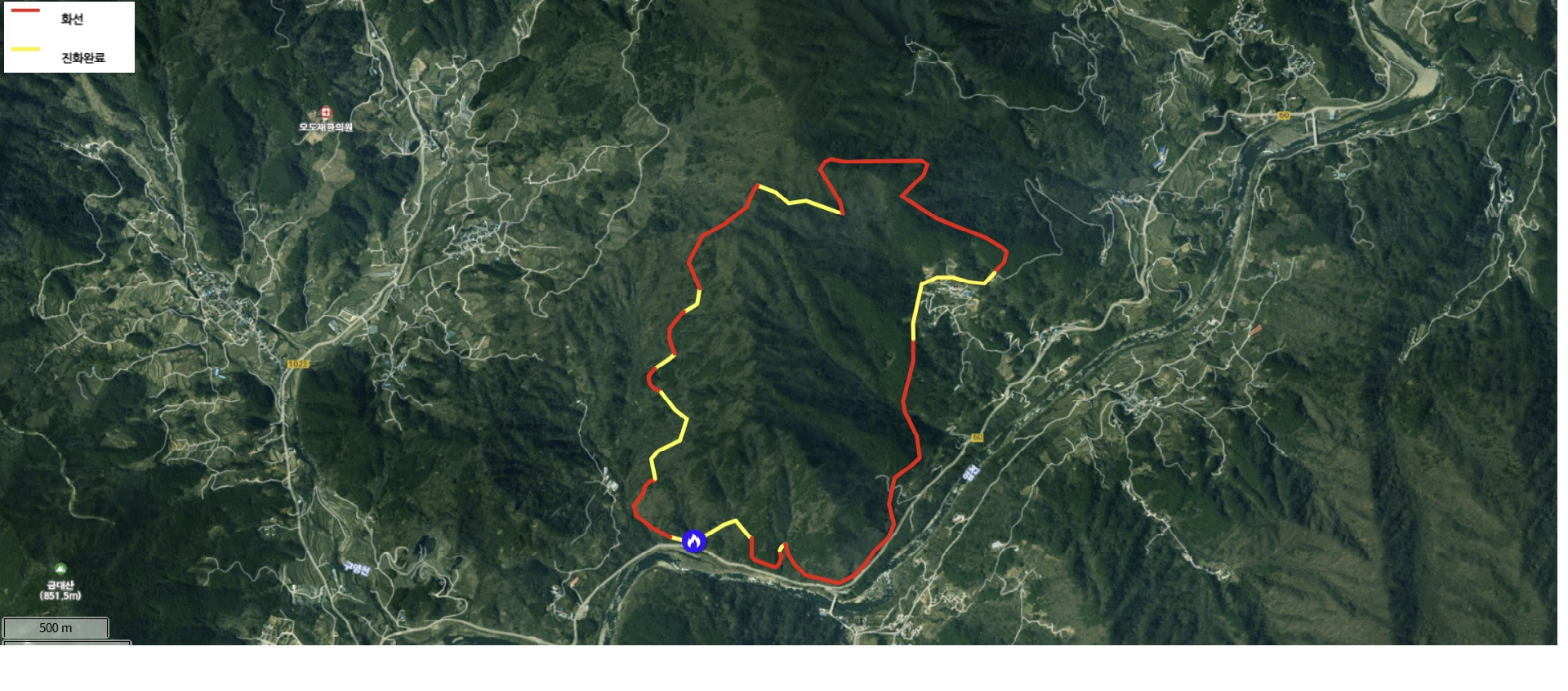 함양 산불 화선. 2026.2.23. 산림청 실시간 산불정보 갈무리