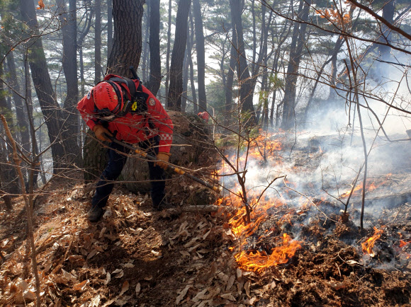 산림당국이 23일 오전 경남 함양군 마천면에서 산불 진화 작업을 하고 있다. 2026.2.23  산림청 제공