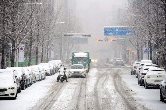 대전·세종·충남 남부권에 대설주의보가 발효된 24일 오전 대전 서구 둔산동에 함박눈이 내리고 있다. 2026.2.24 연합뉴스