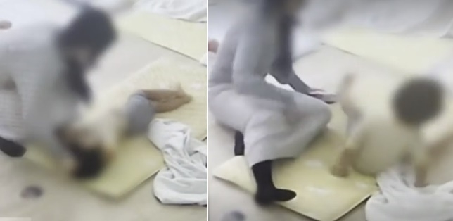 국회 어린이집의 한 교사가 2세 아이의 머리채를 잡고 일으킨 뒤 밀치는 모습이 포착됐다. 채널A 캡처