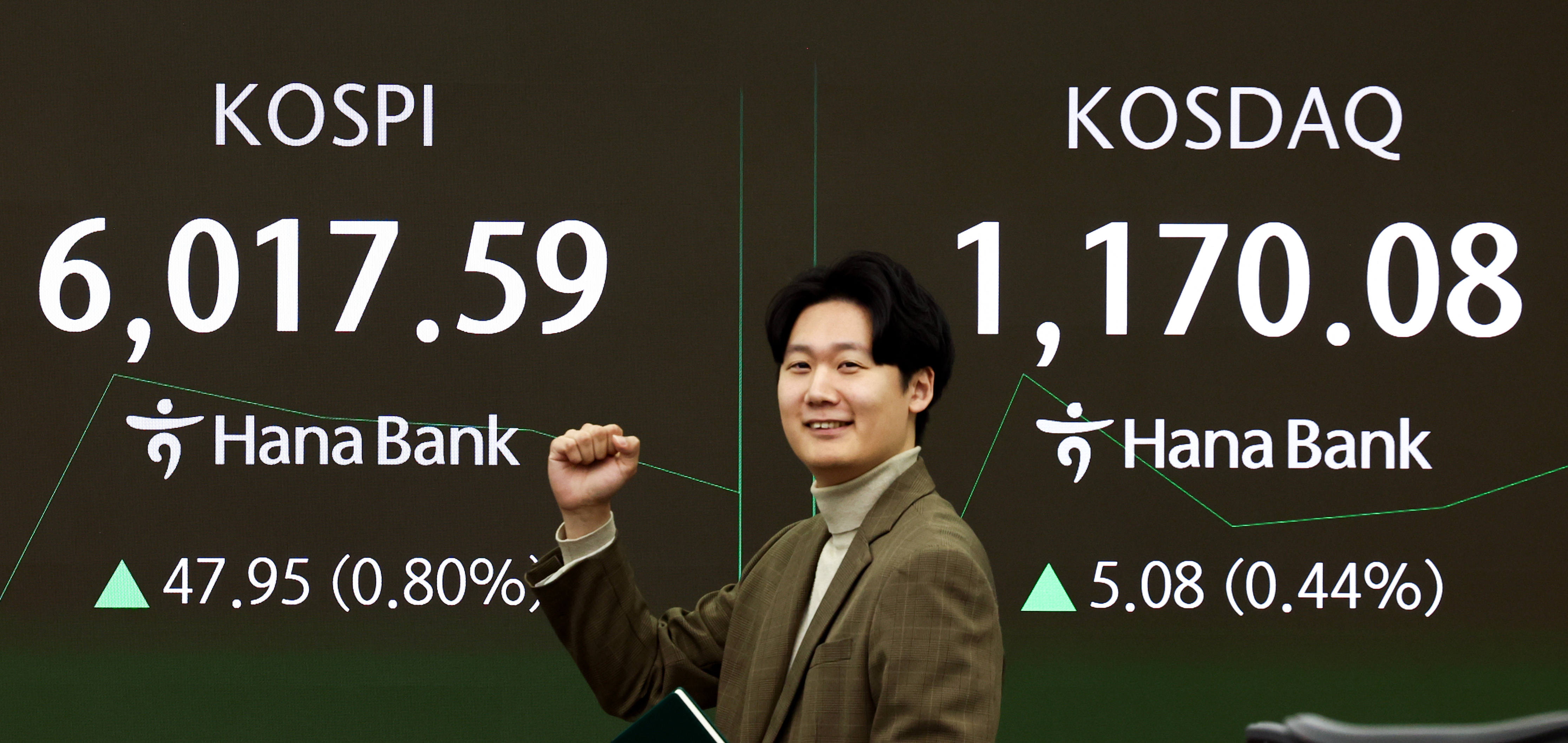 코스피 지수가 장 시작과 함께 6000포인트를 돌파한 25일 오전 서울 중구 하나은행 본점 딜링룸 전광판에 증시 시황이 표시되어 있다. 2026.2.25. 뉴스1