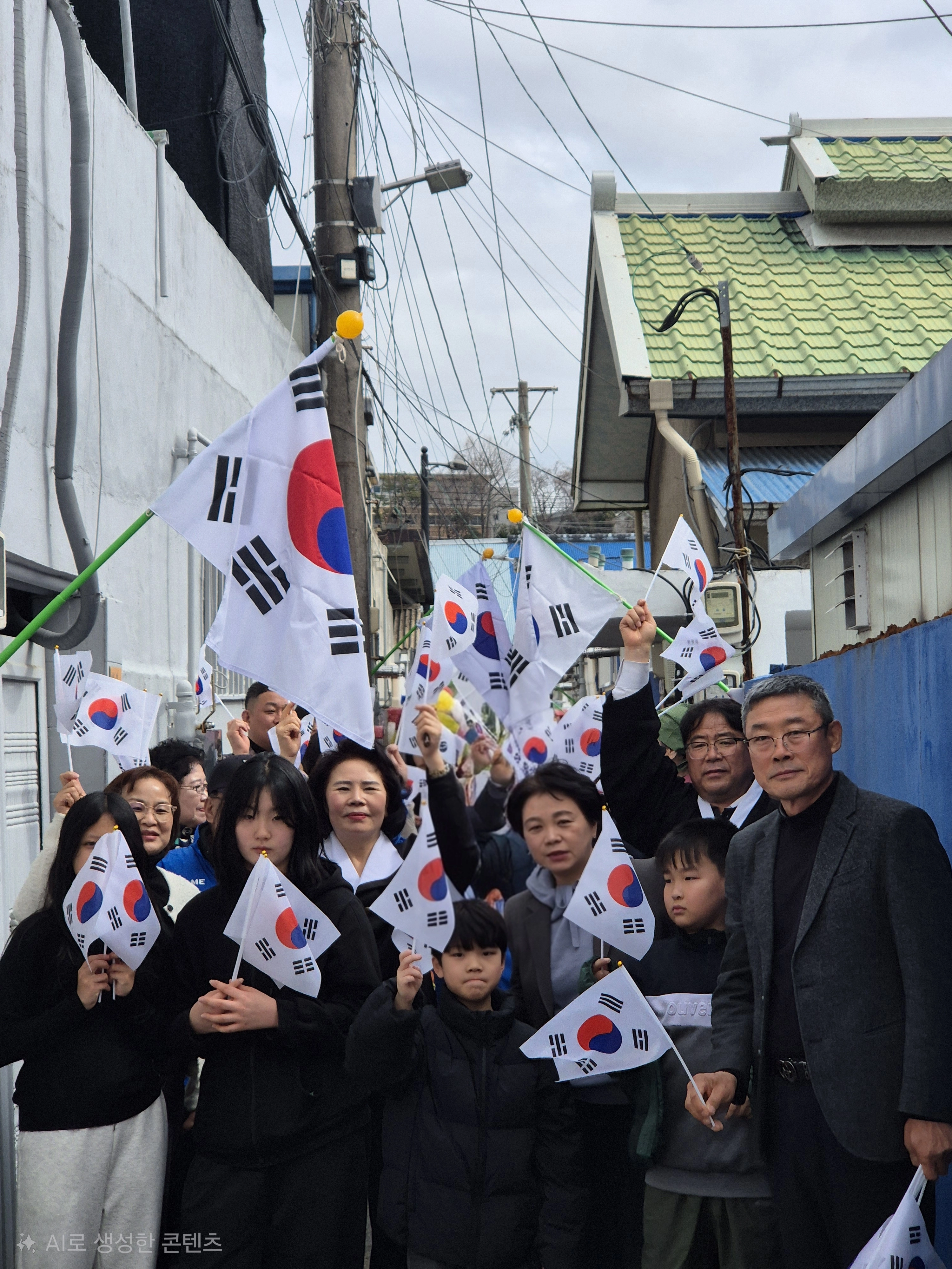 조곡동 철도 관사마을 주민들이 태극기 달기 운동을 한 후 기념사진을 찍고 있다.