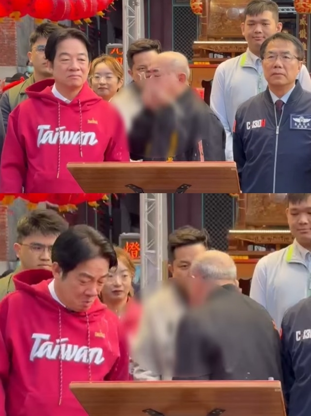 라이칭더(왼쪽) 대만 총통이 지난 18일 대만 남부 타이난의 한 사찰에서 참배 행사를 하던 도중 사찰 주임이 돌연 구토를 해 토사물이 라이 총통의 어깨에 튀었다. 자료 : 민시신문망 유튜브 보도화면