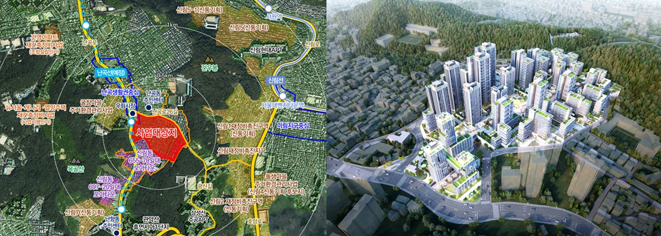 관악구 신림8구역  서울 관악구 신림8구역 위치도·조감도. 
관악구 제공