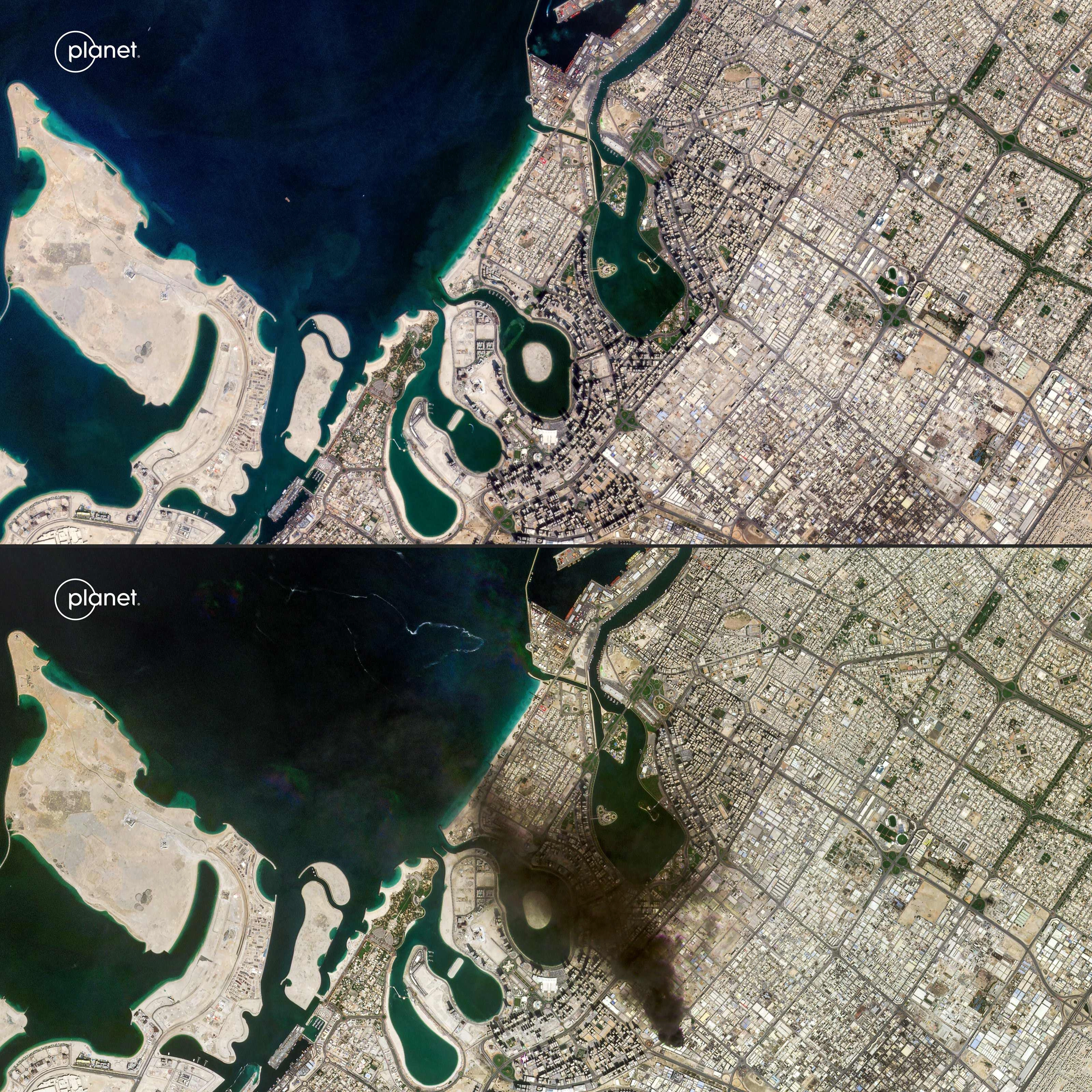 두바이의 이란 보복 전과 후 사진. 위 사진은 2월 24일 촬영된 것이며 아래는 1일 촬영된 것으로 이란의 보복 공격 에 검은 연기가 피어오르고 있다. 두바이 AFP 연합뉴스