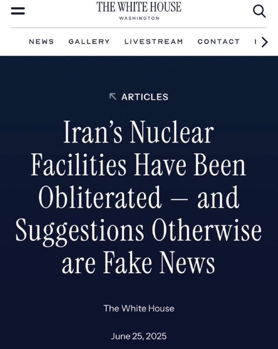 미국 백악관이 지난해 6월 이란 핵시설을 폭격한 이후 올린 게시물. 이란 핵시설이 완전 제거됐다는 내용으로 핵 위협을 명분으로 내세운 이번 ‘장대한 분노’ 군사작전에 대한 트럼프 대통령의 설명과 어긋난다.