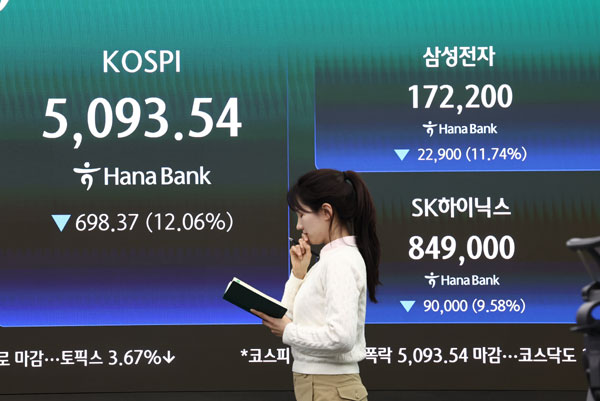 이란전쟁 여파로 코스피 지수가 급락 마감한 4일 서울 중구 하나은행 본점 딜링룸 전광판에 코스닥 지수 종가가 표시되어 있다. 이날 코스피지수는 전일대비 698.37p(12.06%) 떨어진 5093.54에 장을 마감했다. 2026.3.4 뉴스1