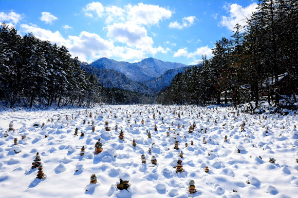 5일 강원 인제군 북면 설악산 자락에 자리한 백담사 일대가 최근 내린 폭설로 하얗게 뒤덮여 고요한 풍경을 연출하고 있다. 2026.3.5. 인제군 제공