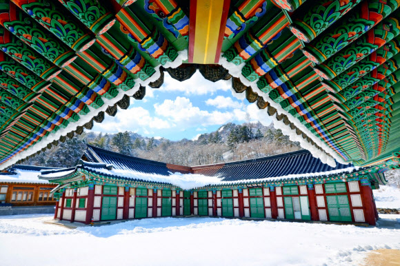 5일 강원 인제군 북면 설악산 자락에 자리한 백담사가 최근 내린 폭설로 하얗게 뒤덮여 고요한 풍경을 연출하고 있다. 2026.3.5. 인제군 제공