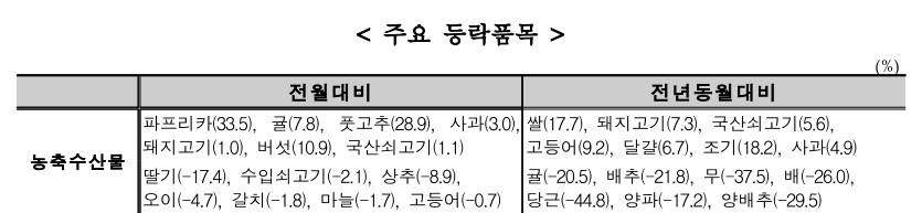 2월 소비자 물가 농축수산물 주요 등락품목. <자료: 국가데이처>