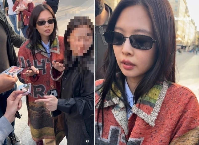 그룹 블랙핑크 멤버 제니가 프랑스 파리에서 잇따른 사인 요청에 곤혹스러워하는 모습이 온라인에 퍼지며 사생활 침해 논란이 일고 있다. 2026.3.9 인스타그램 계정 벤데타 데일리(Vendetta Dailly)