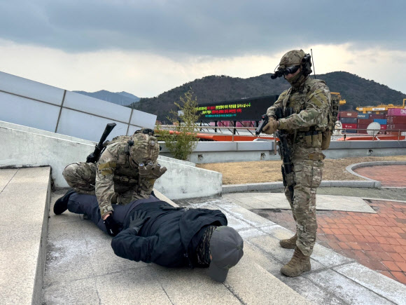 12일 부산신항에서 실시한 민관군 국가중요시설 방호훈련에서 해군진해특정경비지역사령부 장병들이 가상의 거동수상자를 제압하고 있다. 2026.3.12  해군 진해기지사령부 제공