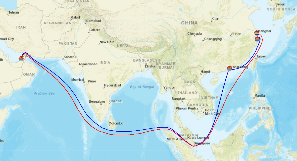 한국 해운사 시노코(장금상선)의 중동 지역 운항 경로. 홈페이지 캡처