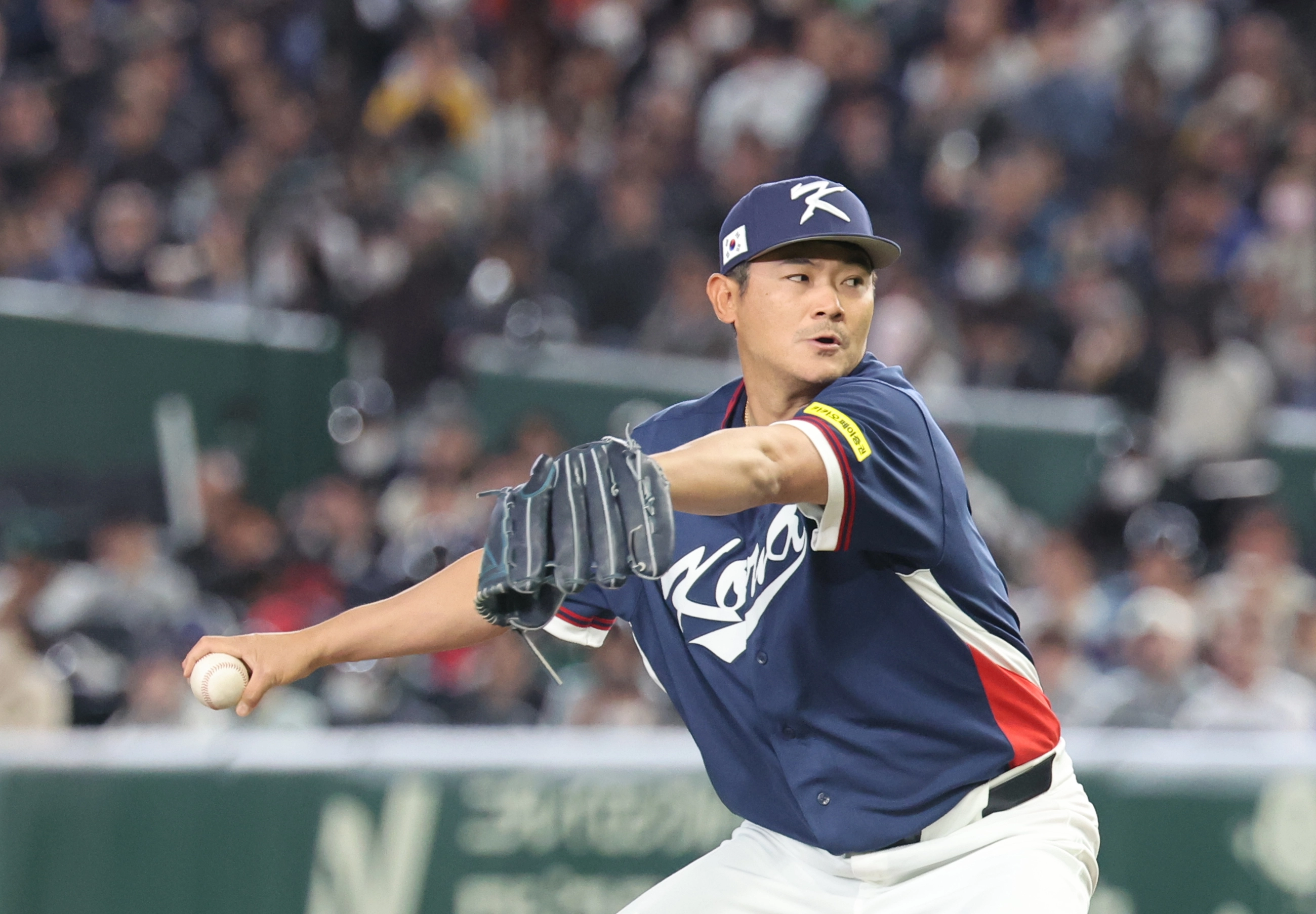 역투하는 노경은  9일 일본 도쿄돔에서 열린 2026 월드베이스볼클래식(WBC) C조 조별리그 최종전 대한민국과 호주의 경기. 2회말 한국 노경은이 역투하고 있다. 2026.3.9 연합뉴스