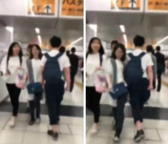 일본에서 한 남성이 혼자 걷는 여성을 의도적으로 표적 삼아 어깨로 거칠게 밀치며 지나가고 있다. SNS 캡처