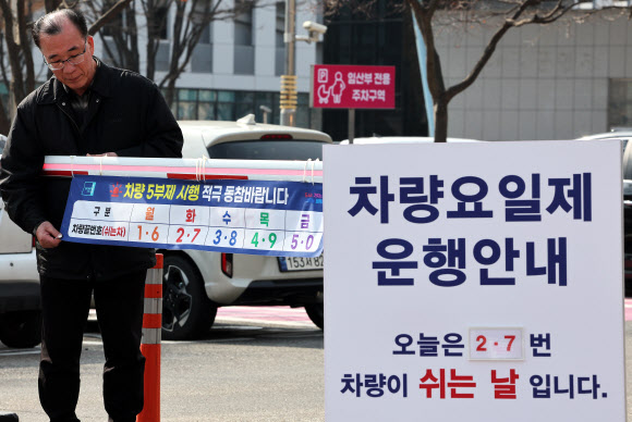 24일 경기도 군포시청에서 관계자들이 25일 0시부터 시작되는 공공부문 승용차 5부제를 앞두고 주차 차단봉에 안내문을 붙이고 있다.        군포시는 중동 사태에 따른 국제 유가 불안정에 대응해 지난 19일부터 ‘공직자 차량 5부제’를 시행하고 있다. 2026.3.24 연합뉴스