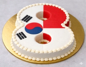 인도네시아 대통령 방한 기념 케이크  숫자 8을 형상화한 케이크로, 인도네시아 8대 대통령인 프라보워를 기념하고 한국과 인도네시아 국기를 조화롭게 담아 양국 간 우정과 협력을 표현했다.
청와대 제공