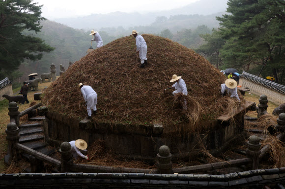한식인 6일 오전 경기도 구리시 동구릉에서 열린 건원릉 청완 예초의에서 동구릉 관리사무소 관계자들이 봉분 억새를 자르고 있다.  태조 이성계가 묻힌 건원릉은 태조 유언에 따라 함흥 억새를 가져와 봉분에 심었다고 전해진다. 2026.4.6  연합뉴스