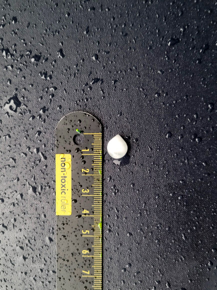 서해상에서 발달한 기압골 영향으로 광주?전남 지역에 6일 우박이 내렸다. 광주지방기상청에 따르면 이날 낮부터 광주와 전남 지역에는 시간당 1㎜의 비와 함께 우박이 쏟아졌다. 사진은 광주지방기상청이 제공한 직경 1.2cm 우박 모습. 2026.4.6  광주지방기상청 제공