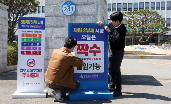 공공기관 승용차 2부제 시행을 하루 앞둔 7일 오후 경남 창원시 성산구 경남도교육청 본청 입구에서 교육청 직원이 2부제 시행 안내판을 설치하고 있다. 2026.4.7 연합뉴스