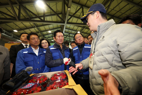 더불어민주당 정청래 대표와 민주당의 대구시장 후보로 확정된 김부겸 전 총리가 8일 오전 대구 북구 매천동 농수산물도매시장을 민생현장을 살펴보고 있다. 2026.4.8 연합뉴스